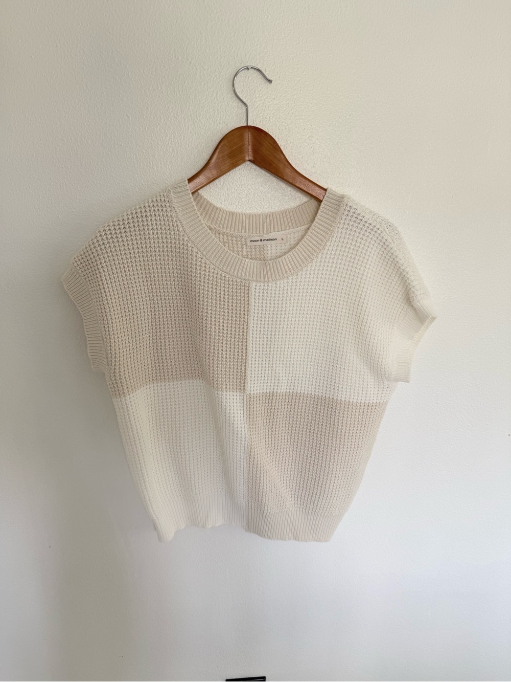 moon & madison Cream Block Waffle-Knit Short Sleeve Sweater Sz L